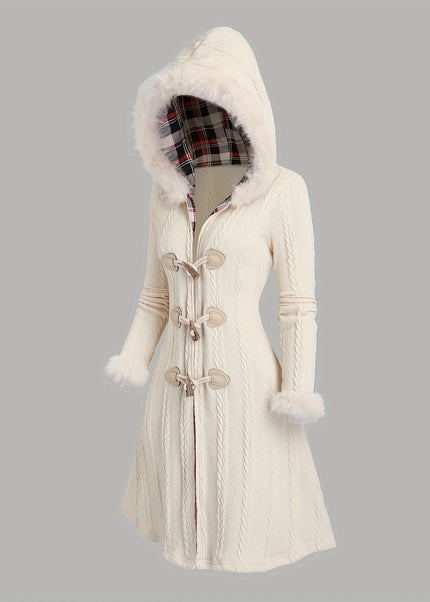 Cremefarbener Strickmantel mit Kapuze und Fellbesatz, Vorderansicht, Zopfstrick
