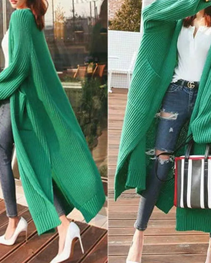 Grüner Strickmantel Grobstrick lang, Vorderansicht, oversize