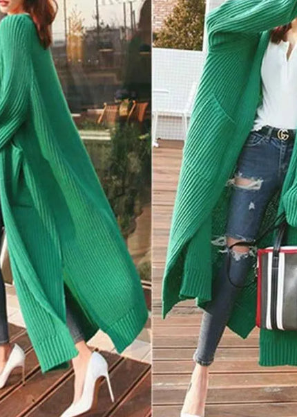 Grüner Strickmantel Grobstrick lang, Vorderansicht, oversize