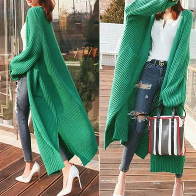 Grüner Strickmantel Grobstrick lang, Vorderansicht, oversize