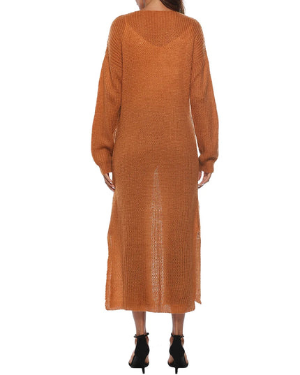 Olivgrüner Strickmantel, Seitenansicht lang