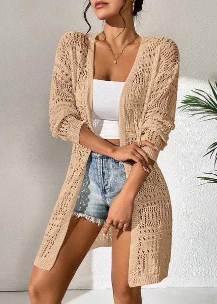 Beiger Sommer Strickmantel mit Lochmuster, Vorderansicht