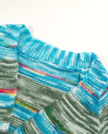 Blau melierter Strickmantel, Rückansicht mit Länge bis zur Hüfte