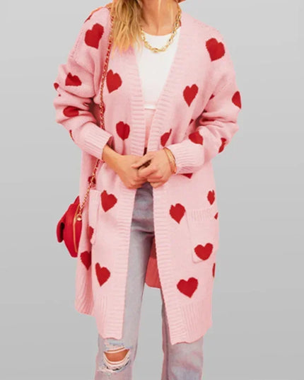 Rosa Strickmantel mit Herzen, offen mit V-Ausschnitt und Taschen