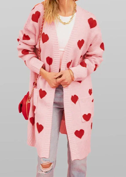 Rosa Strickmantel mit Herzen, offen mit V-Ausschnitt und Taschen
