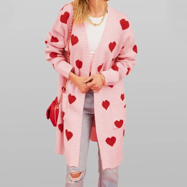 Rosa Strickmantel mit Herzen, offen mit V-Ausschnitt und Taschen