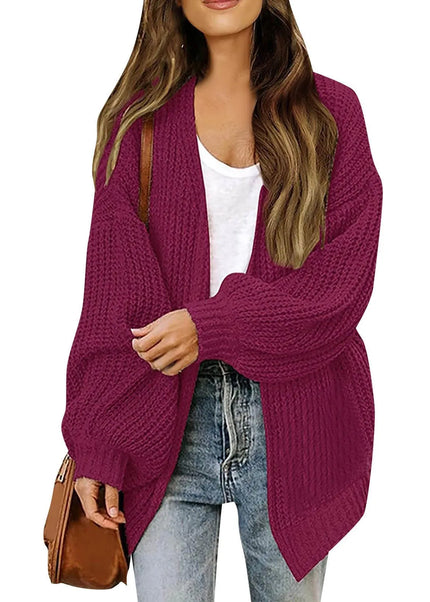 Magentafarbener Oversize Strickmantel mit Ballonärmeln, Vorderansicht