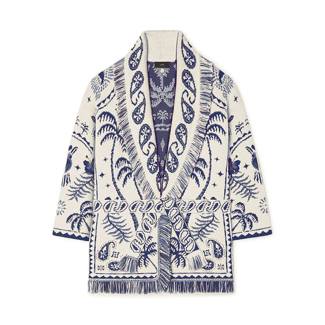 Strickmantel Creme Blau Paisley mit Bindegürtel, Vorderansicht