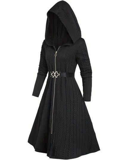 Schwarzer Strickmantel mit Gürtel und Zopfmuster