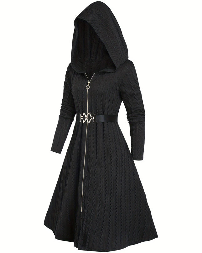 Schwarzer Strickmantel mit Gürtel und Zopfmuster