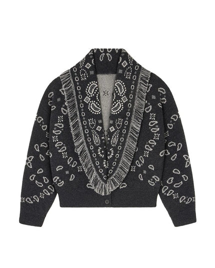 Schwarzer Strickmantel mit Paisley und Fransen - Vorderansicht