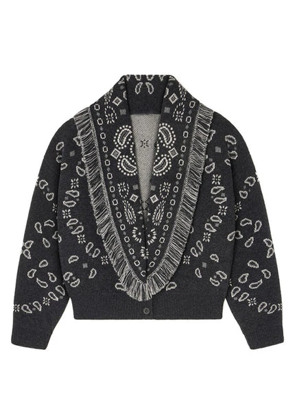 Schwarzer Strickmantel mit Paisley und Fransen - Vorderansicht