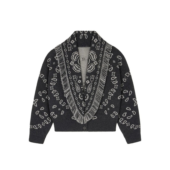 Schwarzer Strickmantel mit Paisley und Fransen - Vorderansicht