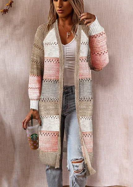 Rosa beige gestreifter Strickmantel mit Colorblock-Streifen und Lochmuster