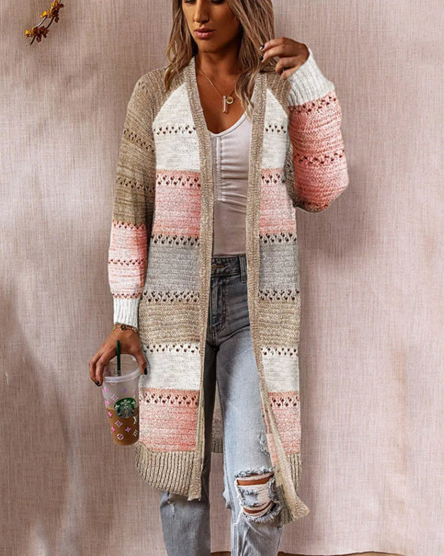 Rosa beige gestreifter Strickmantel mit Colorblock-Streifen und Lochmuster