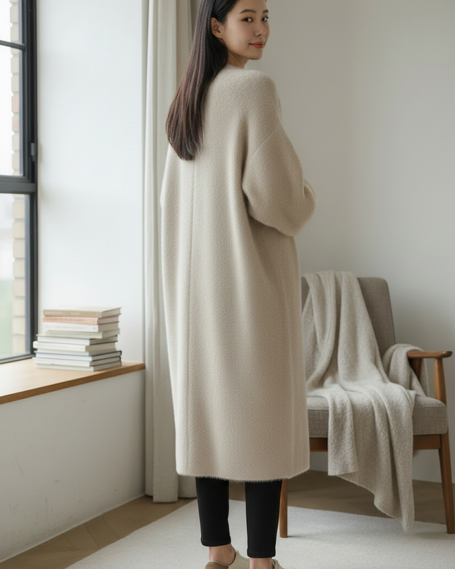 Beiger flauschiger Oversize Strickmantel für Damen - Ansicht 2