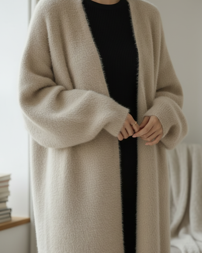 Beiger flauschiger Oversize Strickmantel für Damen - Ansicht 4