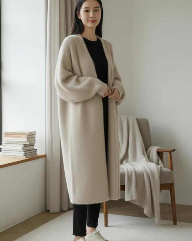 Beiger flauschiger Oversize Strickmantel für Damen - Ansicht 5