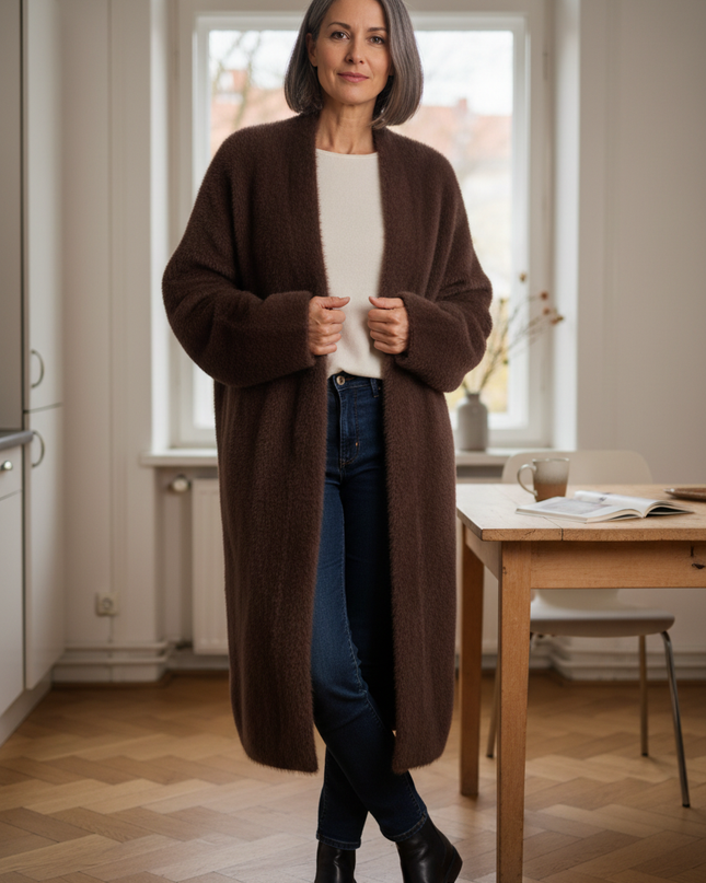 Brauner flauschiger Strickmantel: lang, offen, Oversize - Ansicht 1