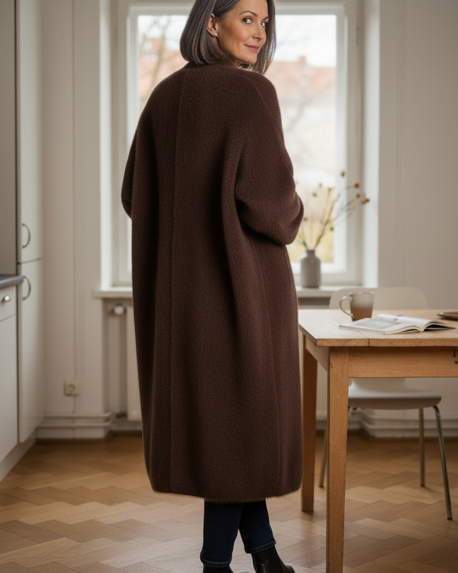 Brauner flauschiger Strickmantel: lang, offen, Oversize - Ansicht 2