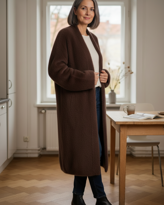 Brauner flauschiger Strickmantel: lang, offen, Oversize - Ansicht 3