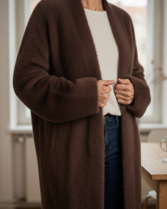 Brauner flauschiger Strickmantel: lang, offen, Oversize - Ansicht 4
