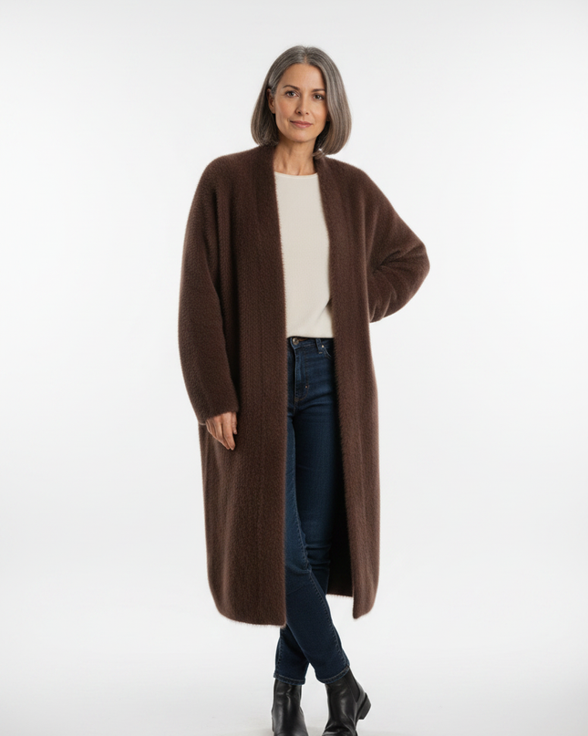 Brauner flauschiger Strickmantel: lang, offen, Oversize - Ansicht 5