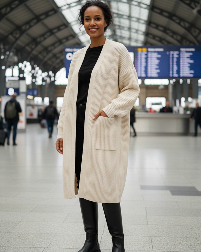 Cremefarbener Oversize Strickmantel mit Taschen - warm & - Ansicht 1