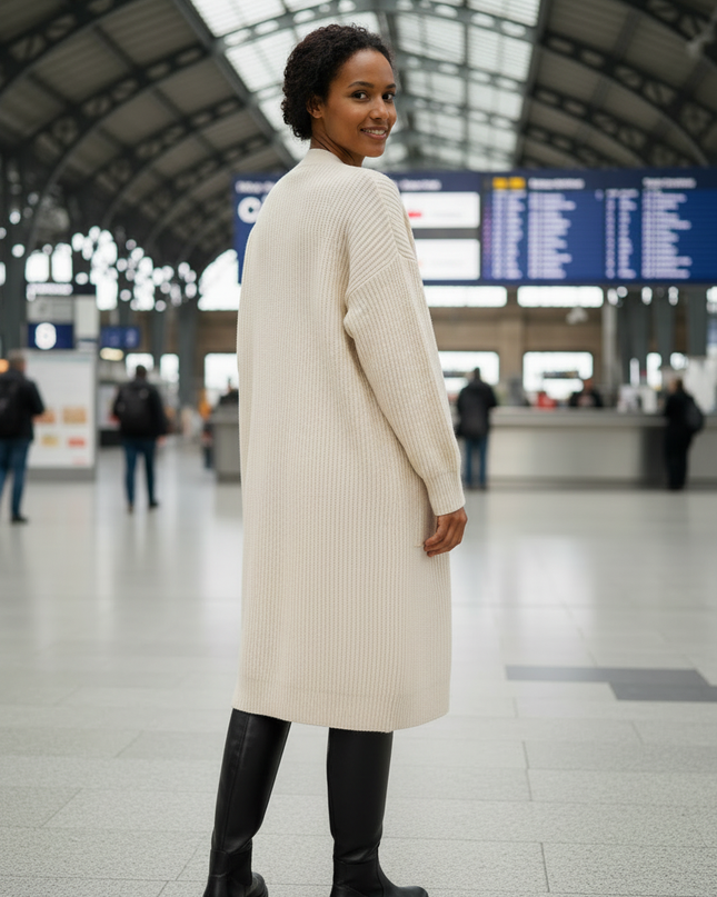 Cremefarbener Oversize Strickmantel mit Taschen - warm & - Ansicht 2