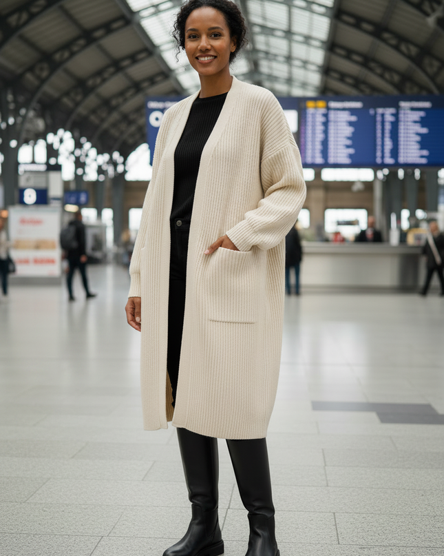 Cremefarbener Oversize Strickmantel mit Taschen - warm & - Ansicht 3