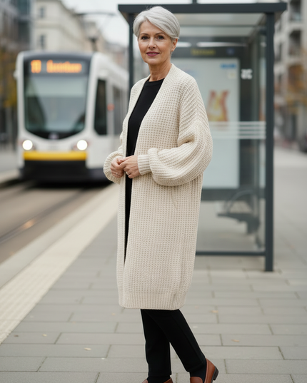 Cremefarbener Oversize Strickmantel mit Ballonärmeln - Ansicht 3