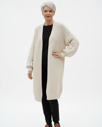 Cremefarbener Oversize Strickmantel mit Ballonärmeln - Ansicht 5