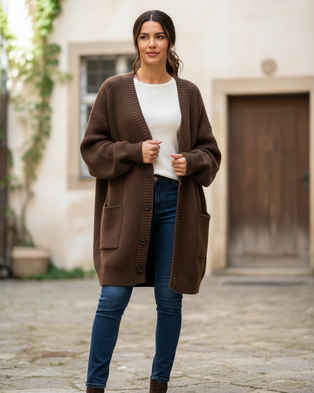Dunkelbrauner Strickmantel knielang - Oversize - Ansicht 1