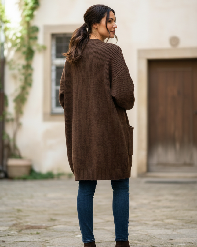 Dunkelbrauner Strickmantel knielang - Oversize - Ansicht 2