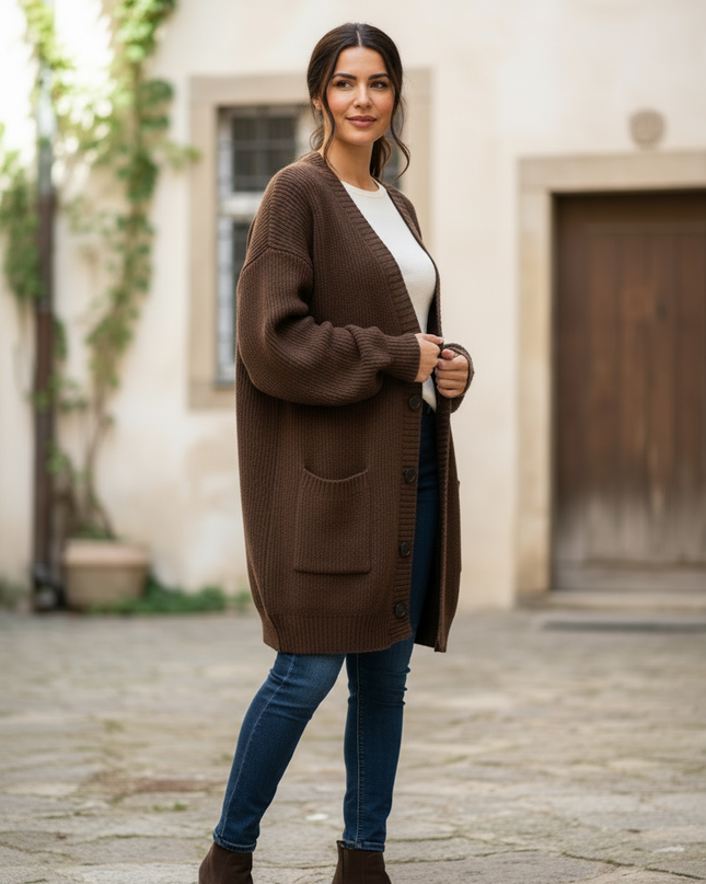 Dunkelbrauner Strickmantel knielang - Oversize - Ansicht 3