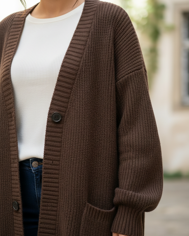 Dunkelbrauner Strickmantel knielang - Oversize - Ansicht 4