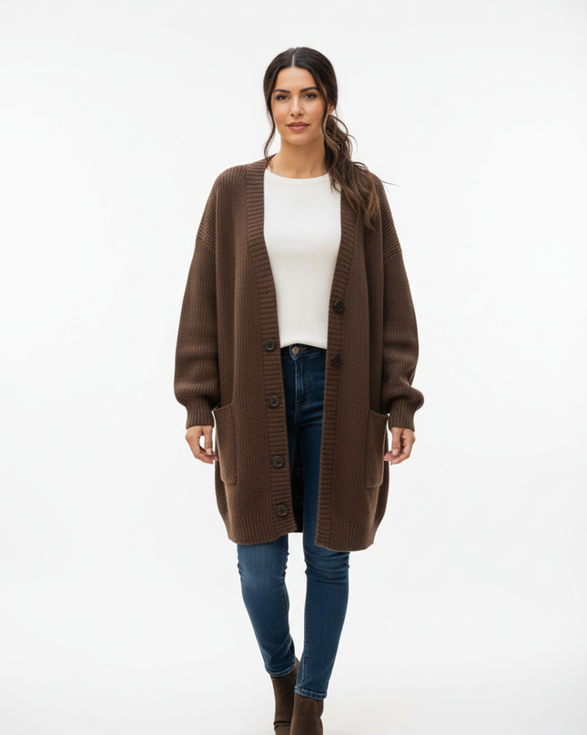 Dunkelbrauner Strickmantel knielang - Oversize - Ansicht 5