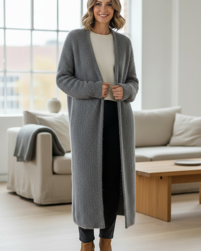 Grauer flauschiger Oversize Strickmantel für kalte Tage - Ansicht 3