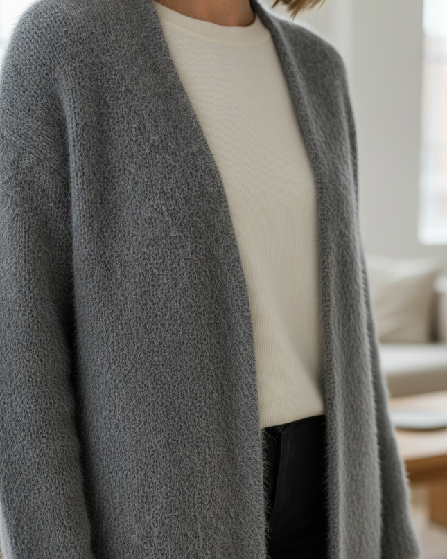 Grauer flauschiger Oversize Strickmantel für kalte Tage - Ansicht 4