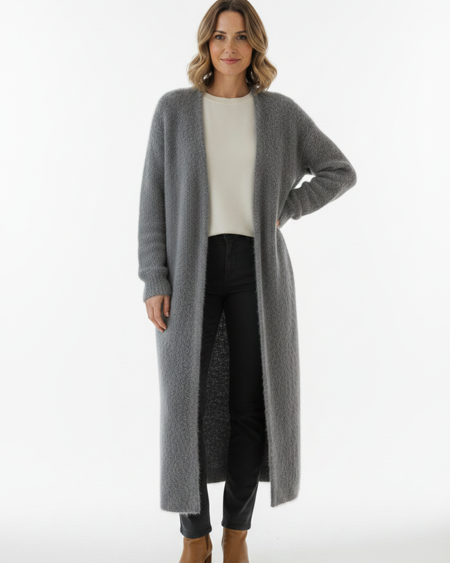 Grauer flauschiger Oversize Strickmantel für kalte Tage - Ansicht 5