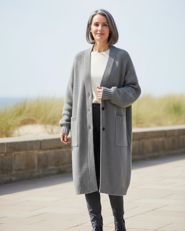 Grauer Strickmantel knielang Oversize mit V-Ausschnitt - Ansicht 1