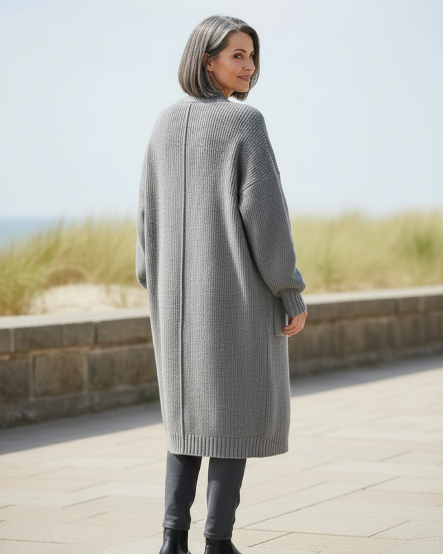 Grauer Strickmantel knielang Oversize mit V-Ausschnitt - Ansicht 2