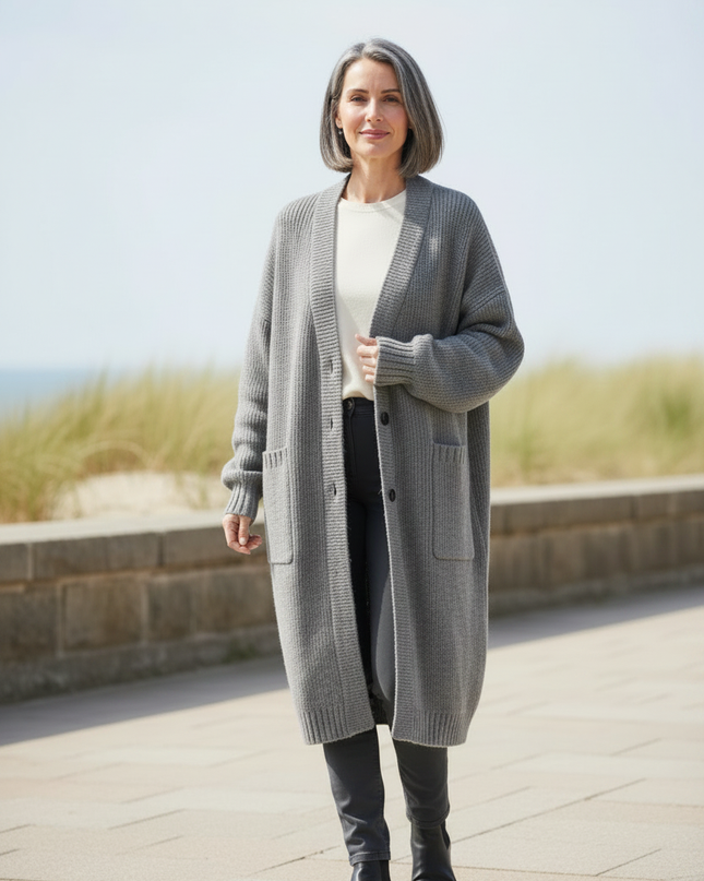 Grauer Strickmantel knielang Oversize mit V-Ausschnitt - Ansicht 3
