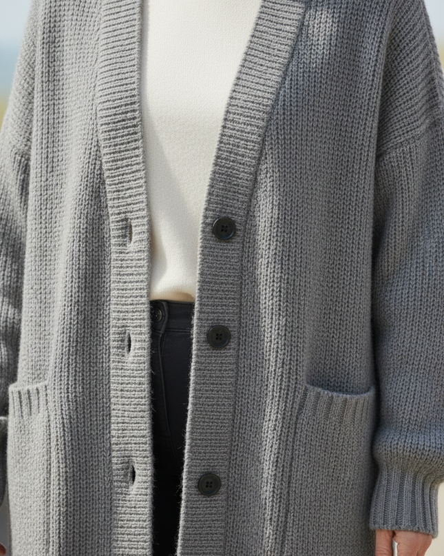 Grauer Strickmantel knielang Oversize mit V-Ausschnitt - Ansicht 4