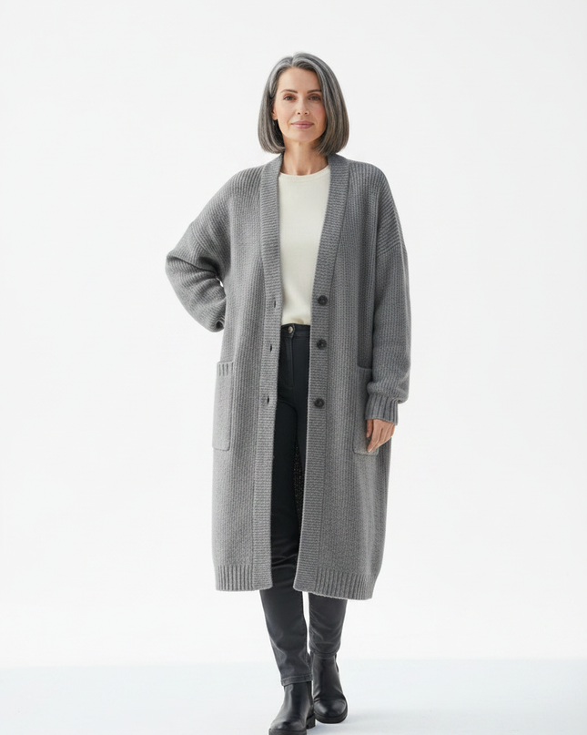 Grauer Strickmantel knielang Oversize mit V-Ausschnitt - Ansicht 5