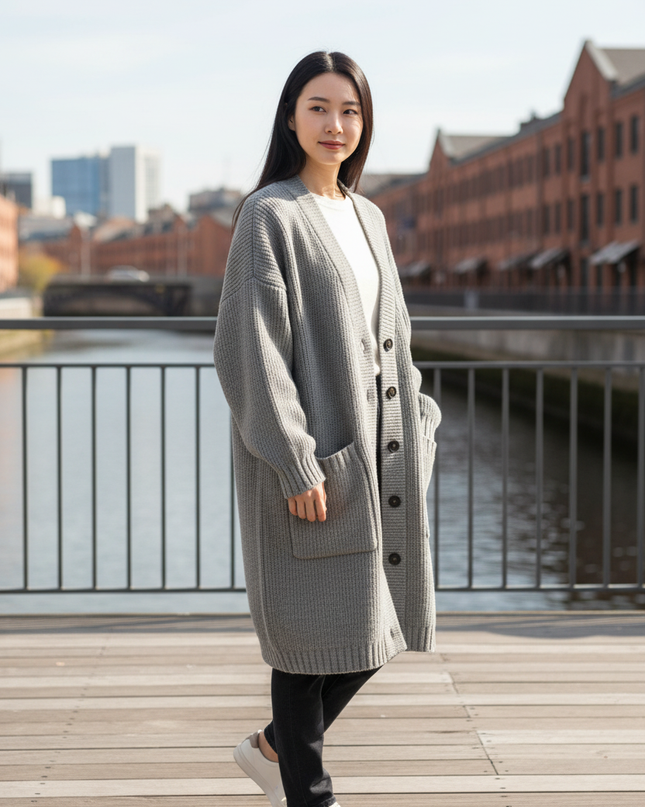 Grauer Strickmantel Oversize mit Knopfleiste - Ansicht 1
