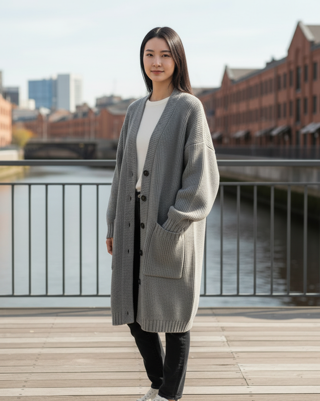 Grauer Strickmantel Oversize mit Knopfleiste - Ansicht 3