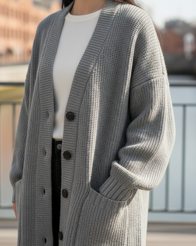Grauer Strickmantel Oversize mit Knopfleiste - Ansicht 4