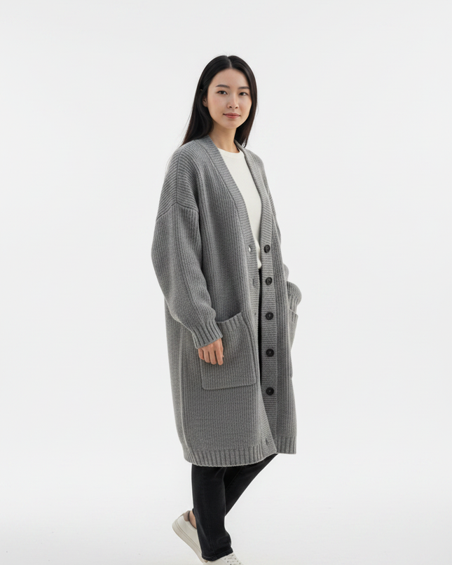 Grauer Strickmantel Oversize mit Knopfleiste - Ansicht 5