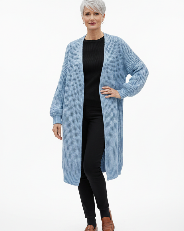 Hellblauer Oversize Strickmantel mit Ballonärmeln - Ansicht 5